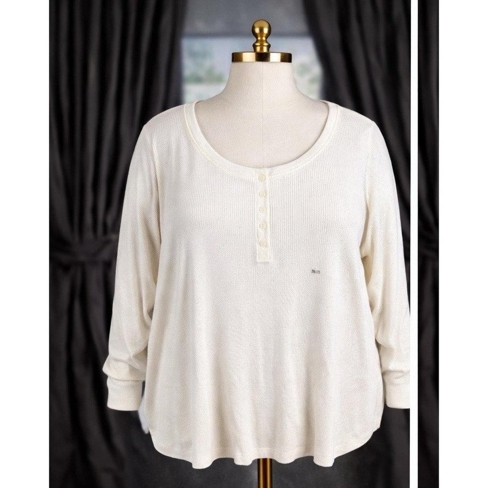New Cacique Thermal Waffle Knit Henley Top Size 26 / 28 Cream Ivory Shirt Soft